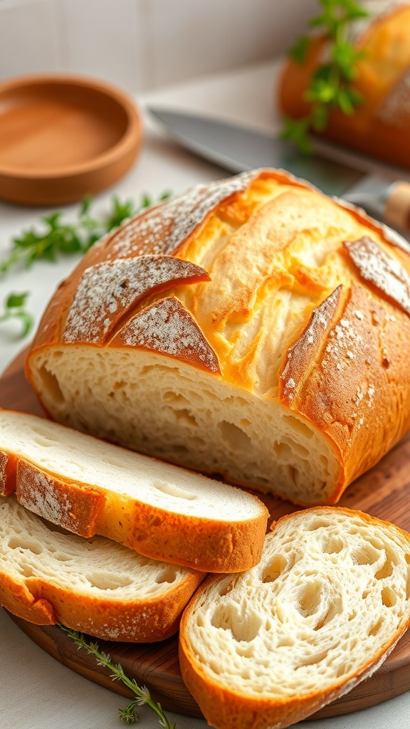 Freshly baked artisan bread loaf on a cutting board with slices cut, showcasing a golden crust and soft interior.